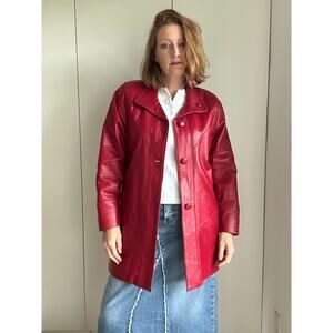 Vintage Red Leather Womens Jacket Midi Length Size Small Fall Chili Red Fashion